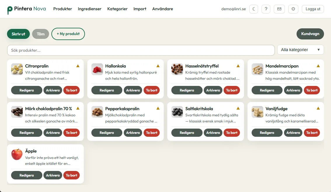 Skärmbild av Pintera Nova med produktlistan — citronpralin, hallonkola, hasselnötstryffel och fler konfektyrprodukter.